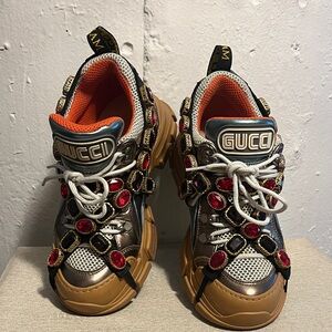 Gucci flashtrek metallic Sneakers with Red and purple jewel straps AUTHENTIC